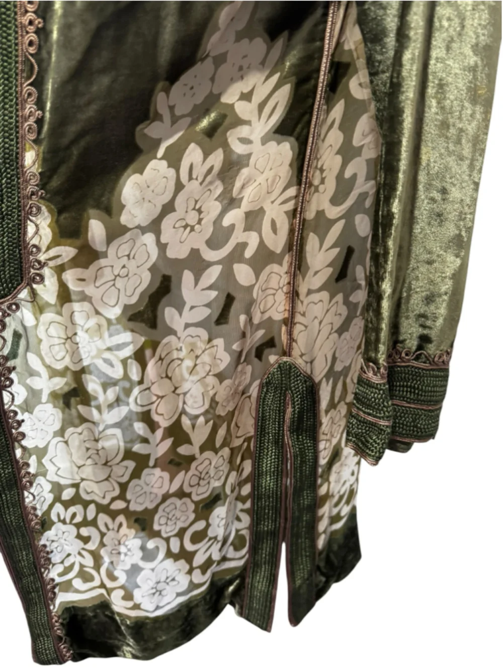 Maison du Cafian Velvet Floral Kaftan Jacket Size M Green Beige